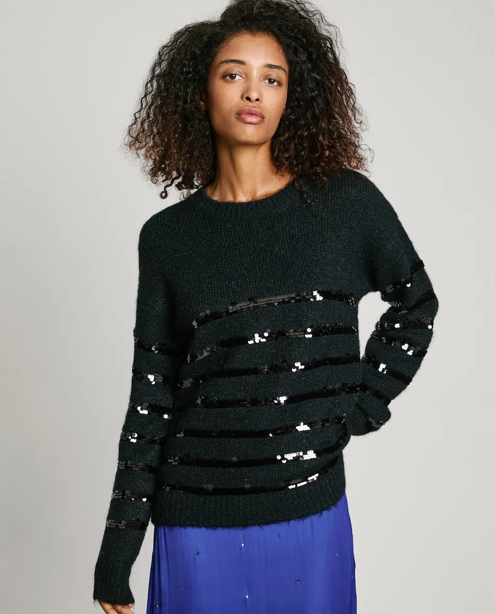 Женский свитер с круглым вырезом и полосками из пайеток Pepe Jeans, черный
Женский свитер с круглым вырезом и полосками из пайеток Pepe Jeans, черный