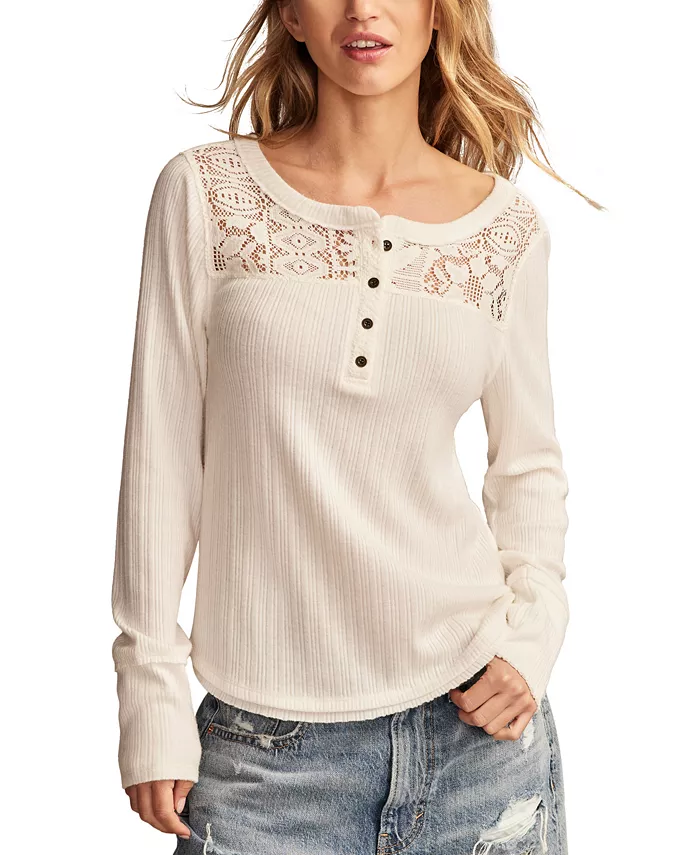 Женский топ Cloud Lace Mix Henley Lucky Brand, белый 
Женский топ Cloud Lace Mix Henley Lucky Brand, белый