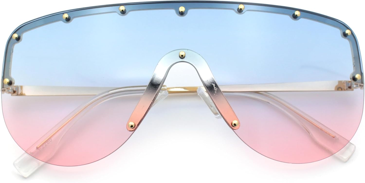 SA106 Металлические заклепки, плоская верхняя часть, полуободковая оправа, безободковые солнцезащитные очки-щиток, увеличенного размера, в стиле «гоночные очки», Gold - Blue Pink
SA106 Металлические заклепки, плоская верхняя часть, полуободковая оправа, безободковые солнцезащитные очки-щиток, увеличенного размера, в стиле «гоночные очки», Gold - Blue Pink