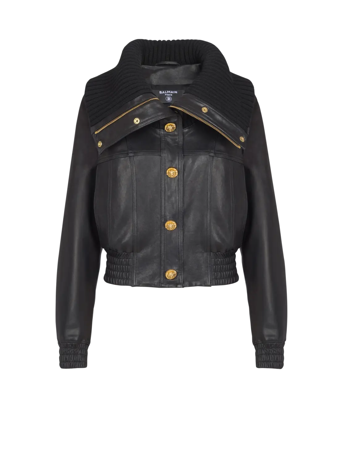 Бомбер из ягнячьей кожи и трикотажа Balmain, черный
Бомбер из ягнячьей кожи и трикотажа Balmain, черный