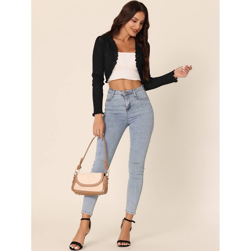 Женский повседневный кардиган с длинными рукавами и рюшами и открытой передней частью, вязаное болеро с плечами Seta T, белый 
Женский повседневный кардиган с длинными рукавами и рюшами и открытой передней частью, вязаное болеро с плечами Seta T, белый