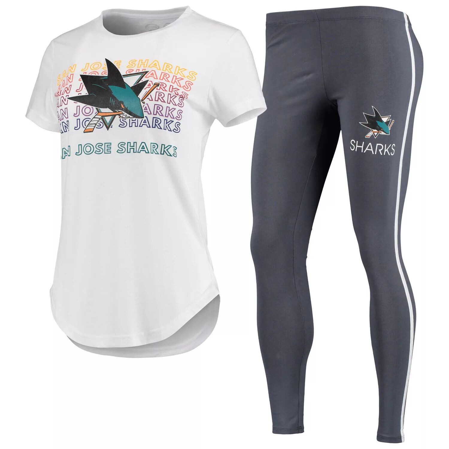 Женский комплект из футболки и леггинсов Concepts Sport белого/темно-серого цвета San Jose Sharks Sonata 
Женский комплект из футболки и леггинсов Concepts Sport белого/темно-серого цвета San Jose Sharks Sonata