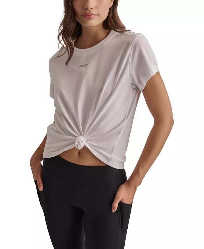 Женская хлопковая футболка с логотипом и узлом спереди DKNY, белый
Женская хлопковая футболка с логотипом и узлом спереди DKNY, белый