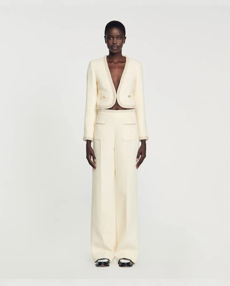 Женские широкие расклешенные брюки с перламутровыми стразами Sandro, белый
Женские широкие расклешенные брюки с перламутровыми стразами Sandro, белый