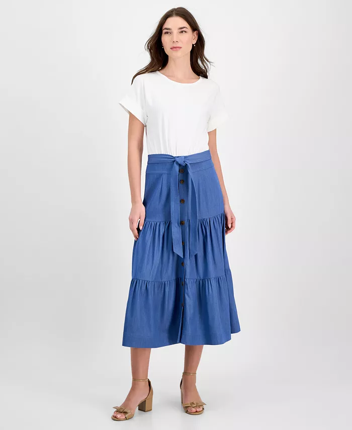 Женское платье-футляр с ярусами, расклешенное к низу, из комбинированной ткани T Tahari, мультиколор
Женское платье-футляр с ярусами, расклешенное к низу, из комбинированной ткани T Tahari, мультиколор