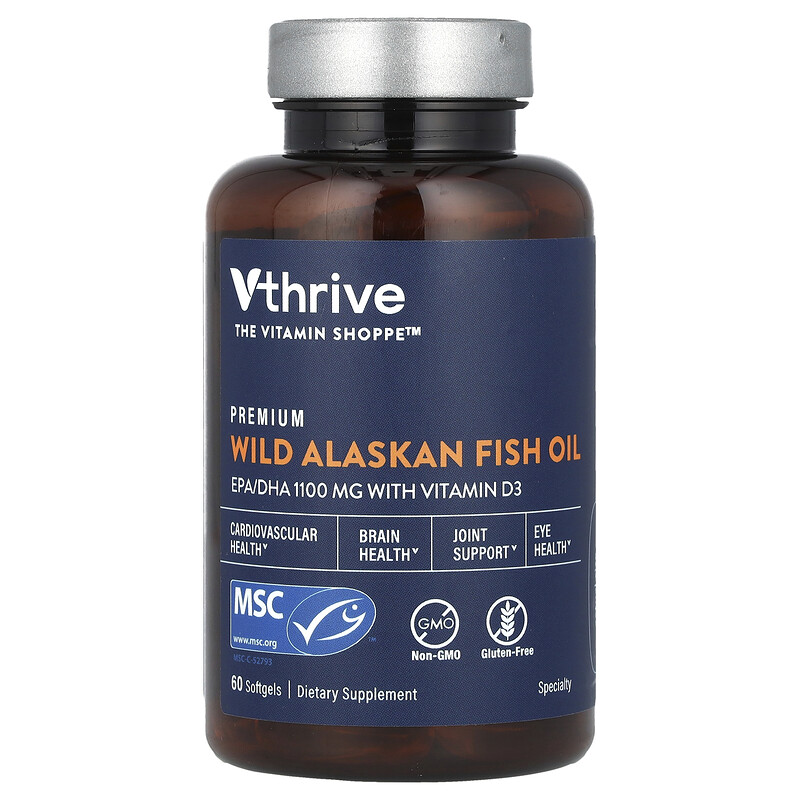 Vthrive, Жир дикой аляскинской рыбы премиального качества, 60 мягких таблеток
Vthrive, Жир дикой аляскинской рыбы премиального качества, 60 мягких таблеток