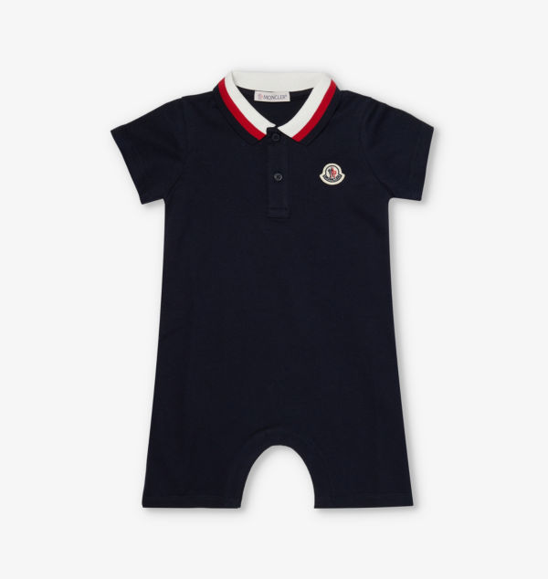 Комбинезон из хлопкового трикотажа с короткими рукавами и трехцветным воротником, возраст 3–24 месяца Moncler, синий 
Комбинезон из хлопкового трикотажа с короткими рукавами и трехцветным воротником, возраст 3–24 месяца Moncler, синий