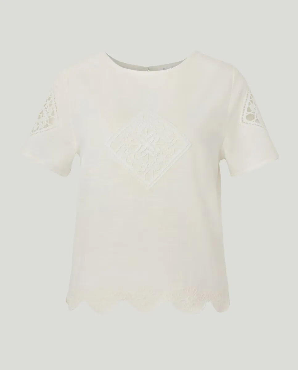 Женский топ с короткими рукавами и аппликацией крючком Southern Cotton, белый
Женский топ с короткими рукавами и аппликацией крючком Southern Cotton, белый