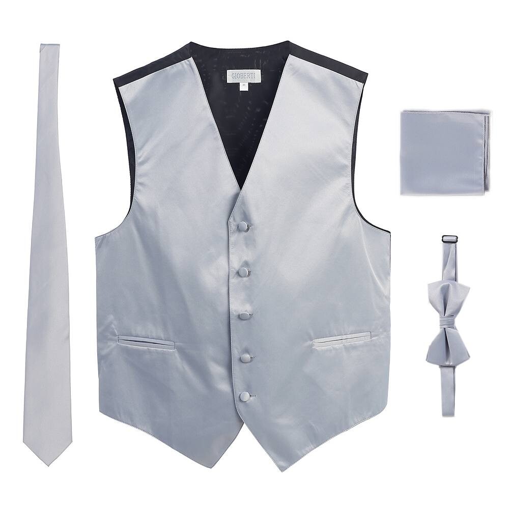 Мужской деловой костюм Gioberti, 4 предмета, атласный жилет, галстук-бабочка и нагрудный платок, цвет Silver
Мужской деловой костюм Gioberti, 4 предмета, атласный жилет, галстук-бабочка и нагрудный платок, цвет Silver