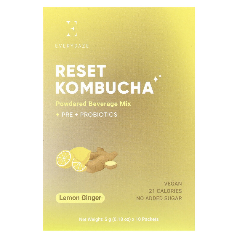 Everydaze, Reset Kombucha, порошковая смесь для напитков, лимонный имбирь, 10 пакетиков по 5 г (0,18 унции)
Everydaze, Reset Kombucha, порошковая смесь для напитков, лимонный имбирь, 10 пакетиков по 5 г (0,18 унции)