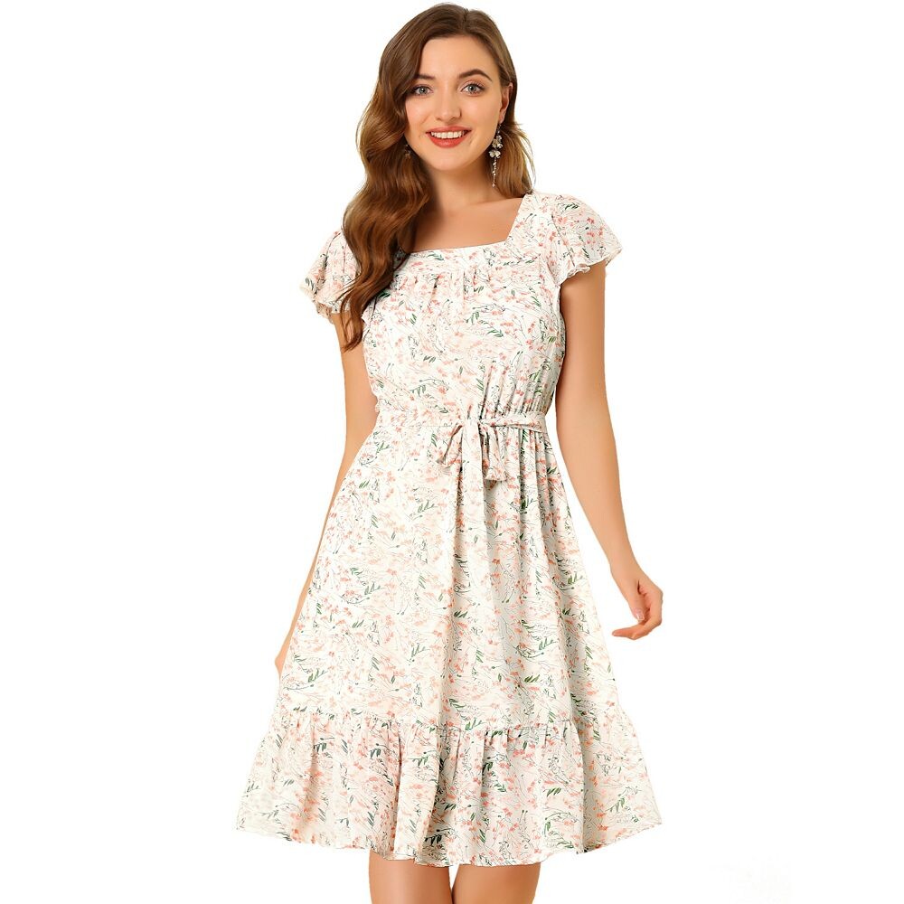 Платье с рюшами для женщин, шифоновое платье с квадратным вырезом и цветочным принтом, с развевающимися рукавами и поясом ALLEGRA K, белый
Платье с рюшами для женщин, шифоновое платье с квадратным вырезом и цветочным принтом, с развевающимися рукавами и поясом ALLEGRA K, белый