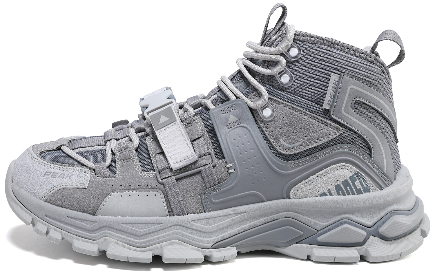 Амортизирующие противоскользящие кроссовки мужские высокие серебристо-серые PEAK 
Амортизирующие противоскользящие кроссовки мужские высокие серебристо-серые PEAK