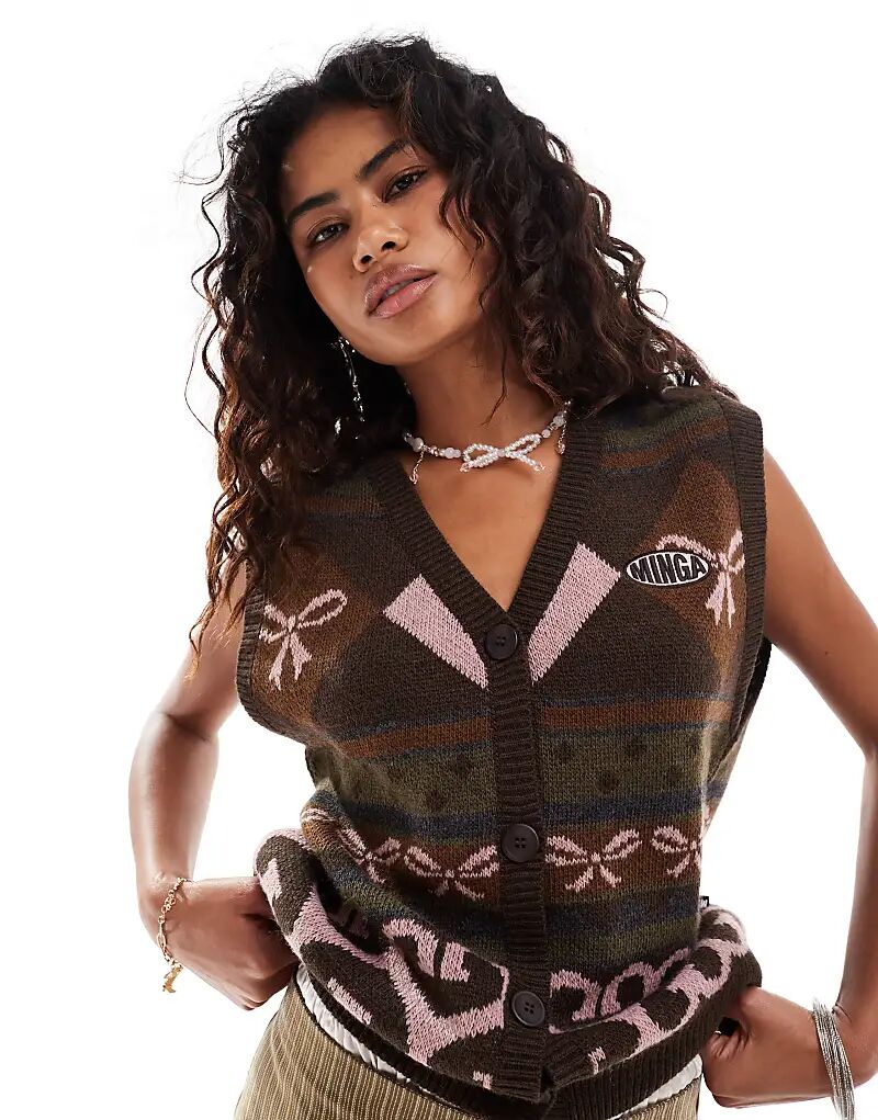 Мешковатый жаккардовый кардиган-жилет London с принтом розовых бантов Minga 
Мешковатый жаккардовый кардиган-жилет London с принтом розовых бантов Minga