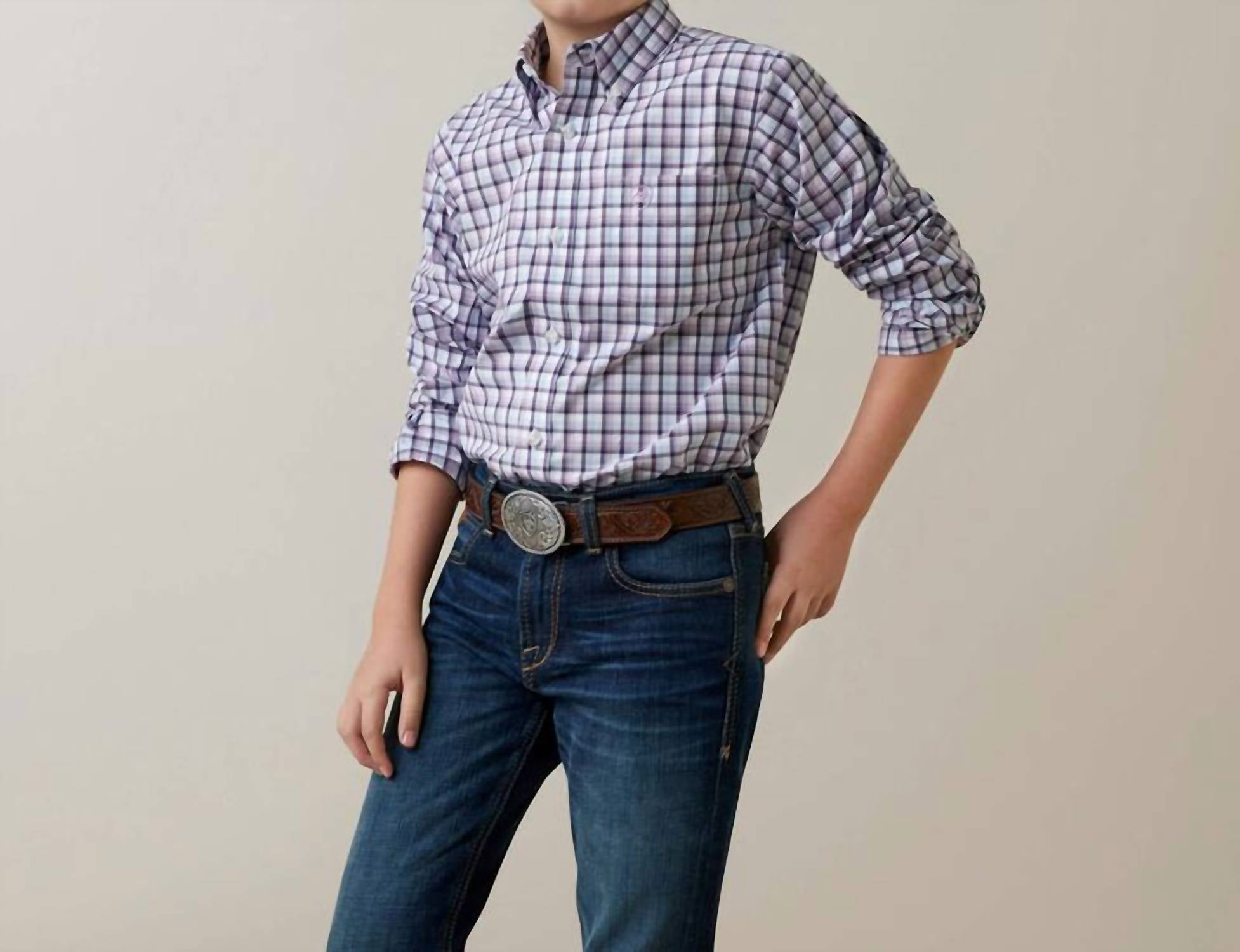 Рубашка Pro Series Meir Classic Fit для мальчиков в белом/фиолетовом цвете ARIAT 
Рубашка Pro Series Meir Classic Fit для мальчиков в белом/фиолетовом цвете ARIAT