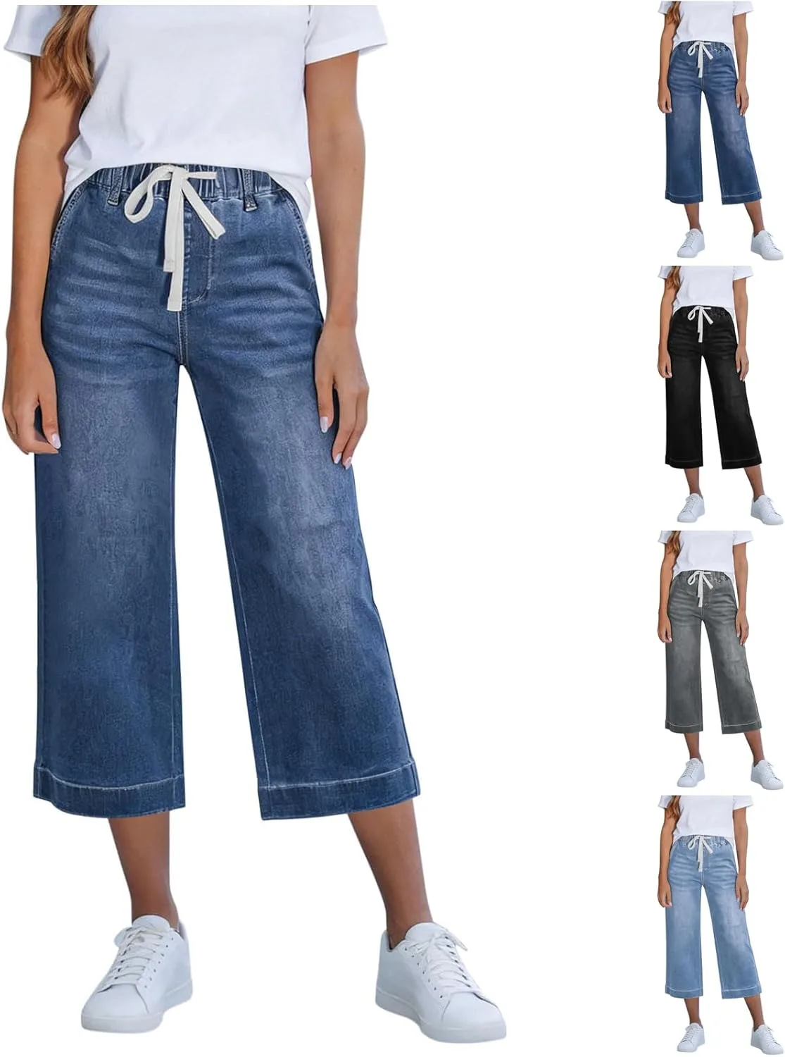 Капри джинсы для женщин с эластичным поясом и широкими штанинами
Капри джинсы для женщин с эластичным поясом и широкими штанинами