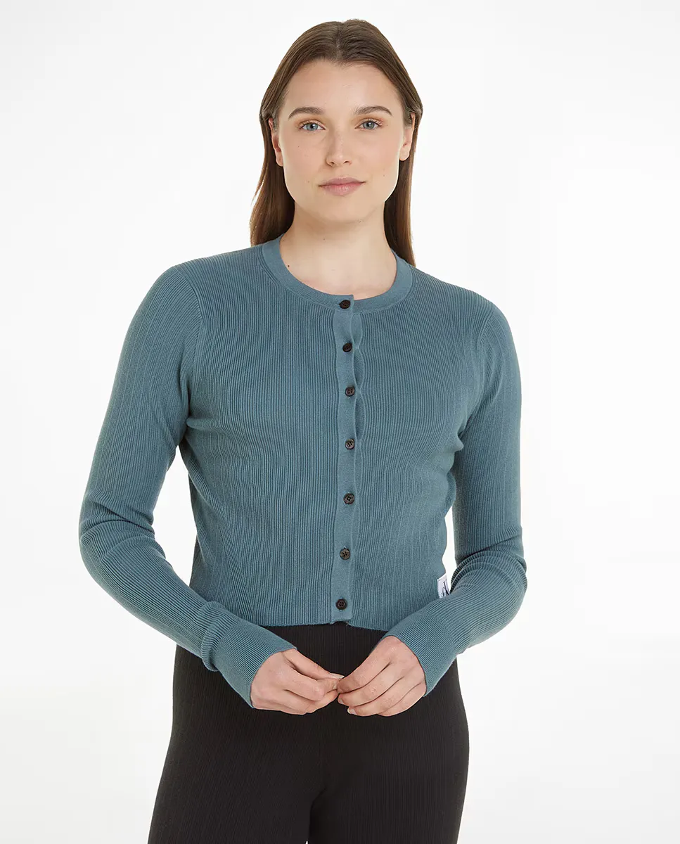 Женский свитер-кардиган синего цвета в рубчик Calvin Klein Jeans
Женский свитер-кардиган синего цвета в рубчик Calvin Klein Jeans