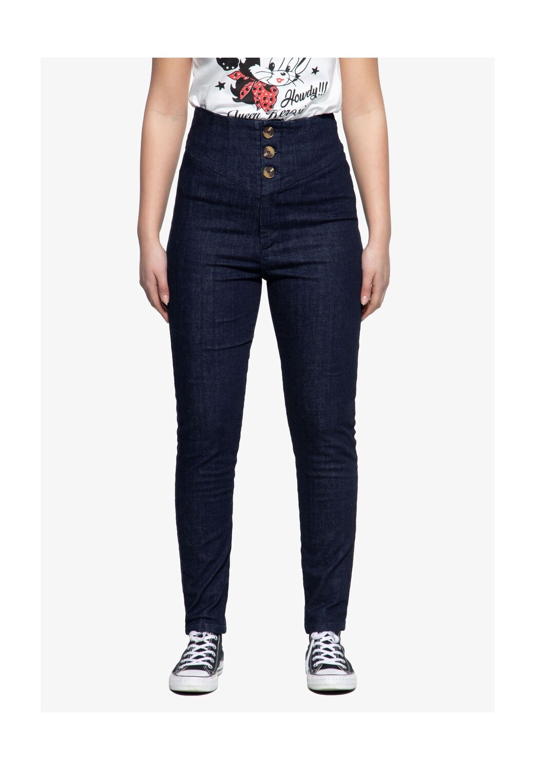 Джинсы с завышенной талией и планкой на пуговицах Queen Kerosin, темно-синий 
Джинсы с завышенной талией и планкой на пуговицах Queen Kerosin, темно-синий