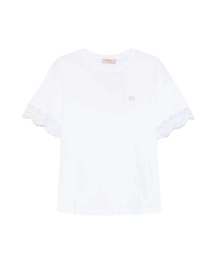 Белая хлопковая футболка с макраме Twinset, белый
Белая хлопковая футболка с макраме Twinset, белый