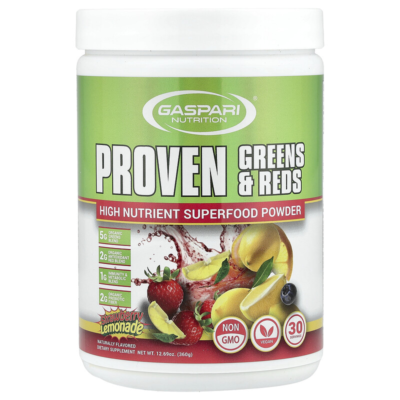 Gaspari Nutrition, Proven Greens & Reds, клубничный лимонад, 360 г (12,69 унции)
Gaspari Nutrition, Proven Greens & Reds, клубничный лимонад, 360 г (12,69 унции)