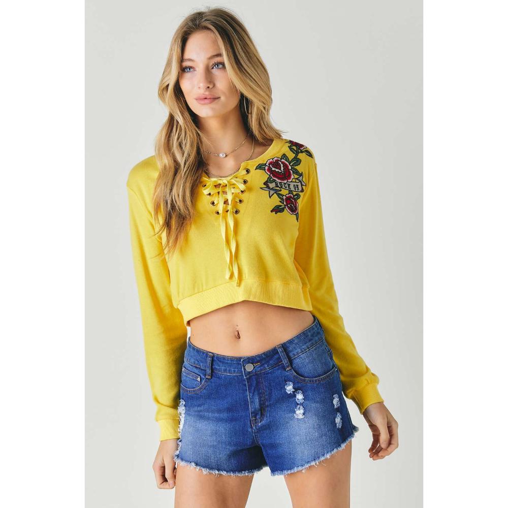 Вышитый укороченный худи с цветочным принтом TRUEDAMES, желтый 
Вышитый укороченный худи с цветочным принтом TRUEDAMES, желтый