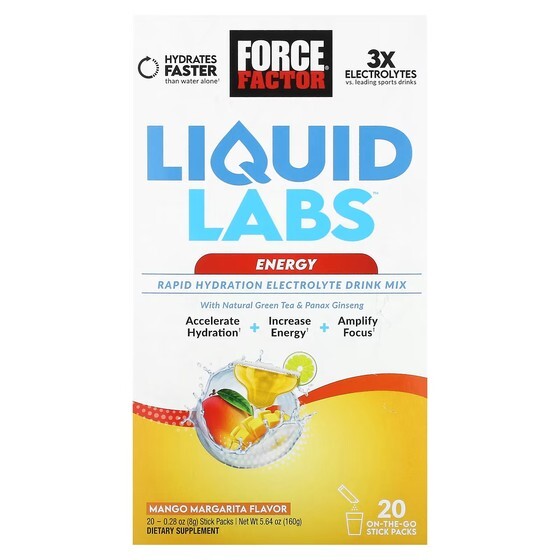 Смесь электролитов Force Factor Liquid Labs Energy для быстрого увлажнения, манго и маргарита, 20 стик-пакетов по 8 г
Смесь электролитов Force Factor Liquid Labs Energy для быстрого увлажнения, манго и маргарита, 20 стик-пакетов по 8 г