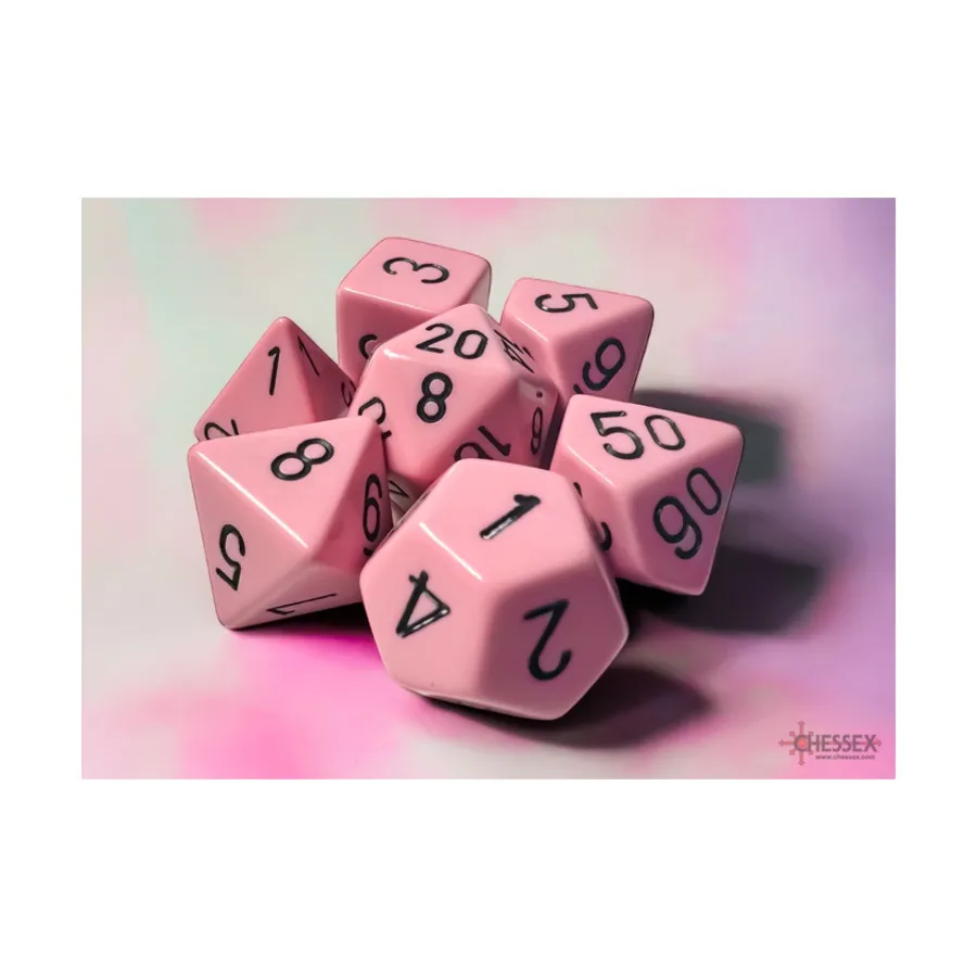 Полиэфирный комплект Розовый с черным (7), Dice - Opaque Pastel (Chessex)
Полиэфирный комплект Розовый с черным (7), Dice - Opaque Pastel (Chessex)