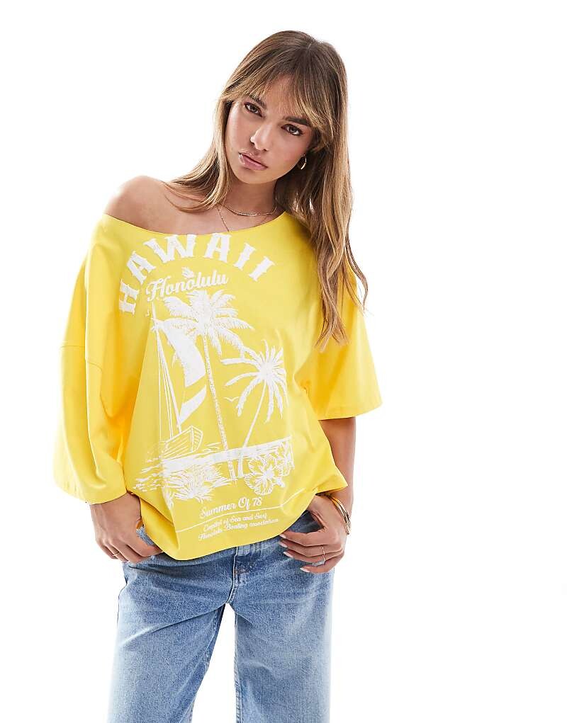 Желтая футболка свободного кроя с открытыми плечами с гавайским принтом ASOS DESIGN
Желтая футболка свободного кроя с открытыми плечами с гавайским принтом ASOS DESIGN