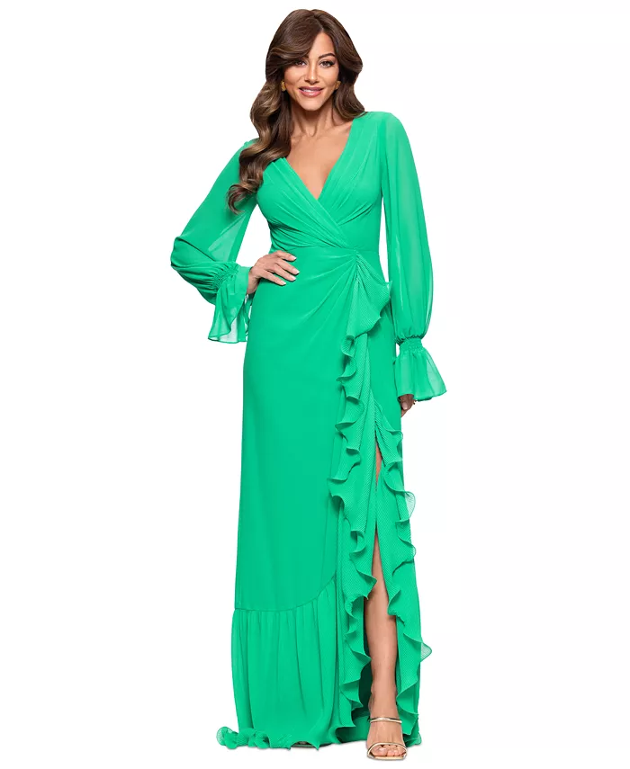 Женское шифоновое платье с V-образным вырезом, оборками и разрезом спереди XSCAPE, зеленый
Женское шифоновое платье с V-образным вырезом, оборками и разрезом спереди XSCAPE, зеленый