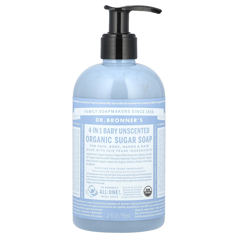 Dr. Bronner's, Органическое сахарное мыло 4 в 1, для рук, лица, тела и волос, детское без запаха, 355 мл (12 жидк. унц.)
Dr. Bronner's, Органическое сахарное мыло 4 в 1, для рук, лица, тела и волос, детское без запаха, 355 мл (12 жидк. унц.)