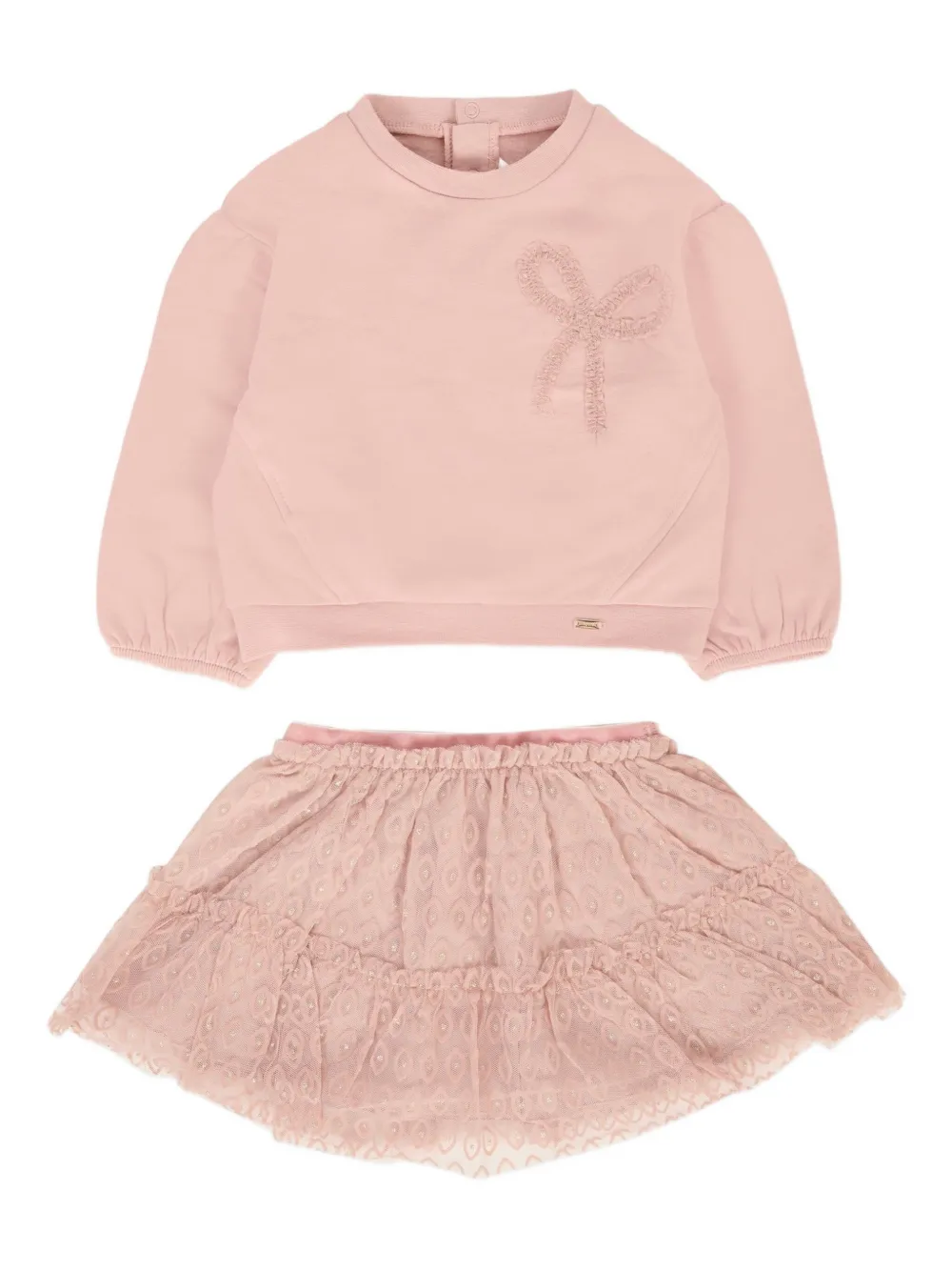 Комплект из юбки и свитера с оборками, украшенный бантом Mayoral, розовый
Комплект из юбки и свитера с оборками, украшенный бантом Mayoral, розовый