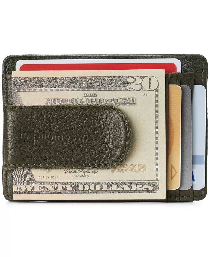 Мужской RFID-зажим для денег, кожаный минималистичный кошелек, чехол для карточек с окном Alpine Swiss, зеленый 
Мужской RFID-зажим для денег, кожаный минималистичный кошелек, чехол для карточек с окном Alpine Swiss, зеленый