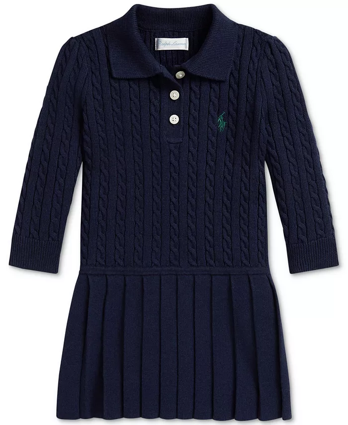 Платье-свитер для девочек с косичной вязкой Polo Ralph Lauren, синий 
Платье-свитер для девочек с косичной вязкой Polo Ralph Lauren, синий