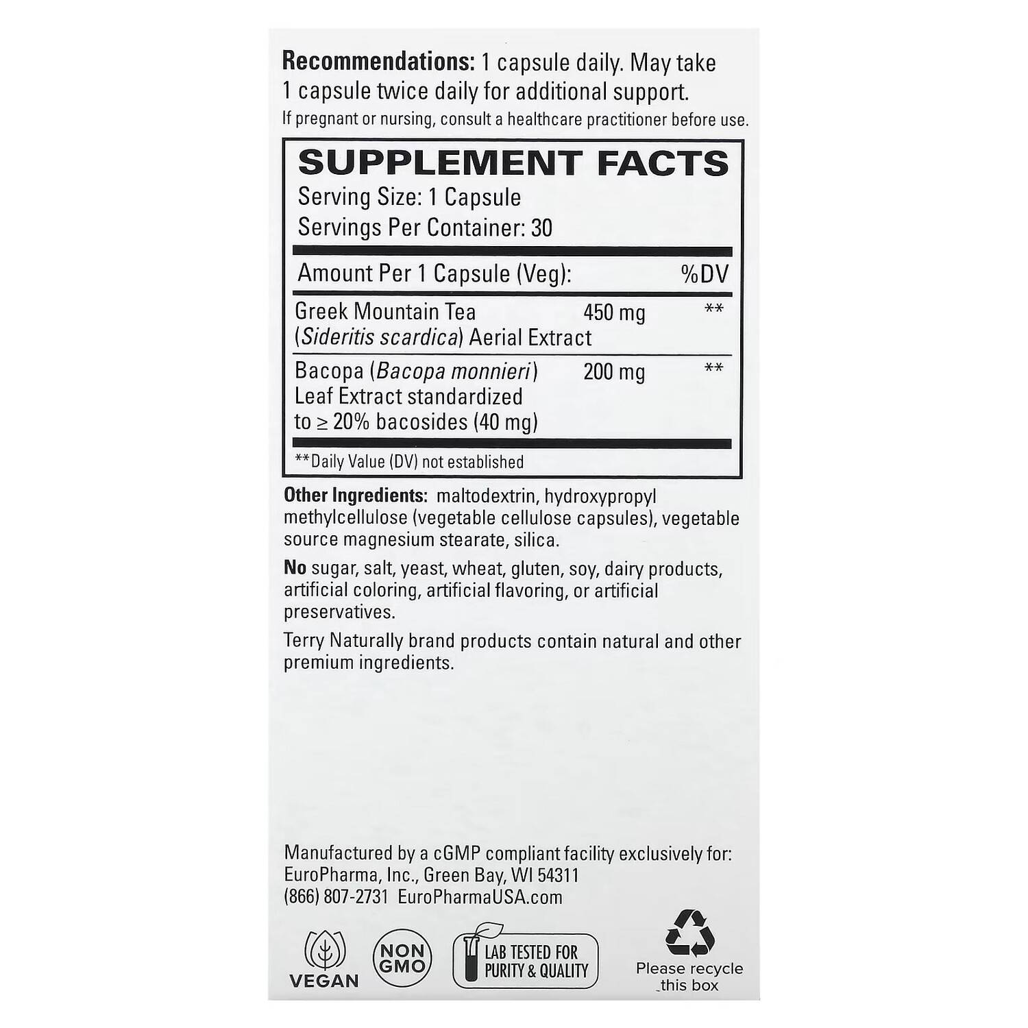 Греческий горный чай + бакопа, 30 капсул Terry Naturally
Греческий горный чай + бакопа, 30 капсул Terry Naturally