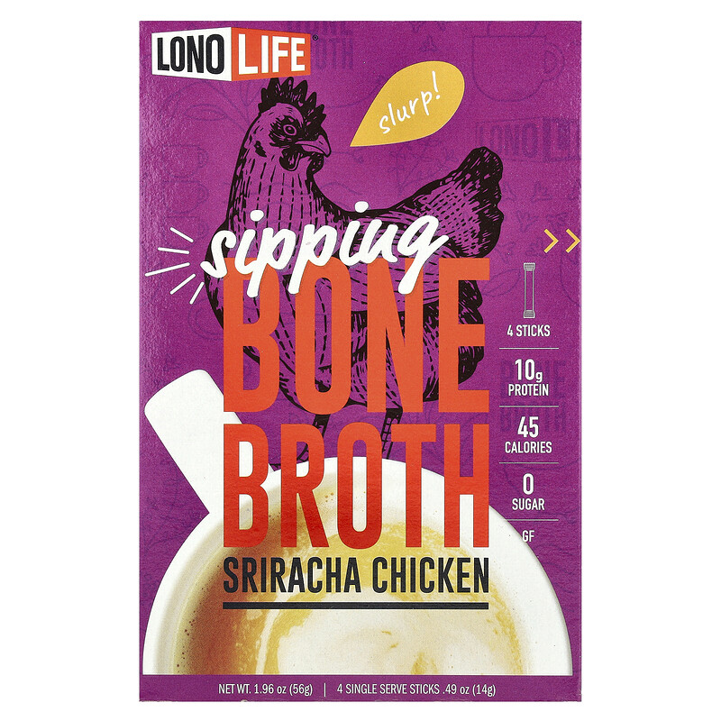 Lonolife, Sipping Bone Broth, курица шрирача, 4 порционные палочки, 14 г (0,49 унции)
Lonolife, Sipping Bone Broth, курица шрирача, 4 порционные палочки, 14 г (0,49 унции)
