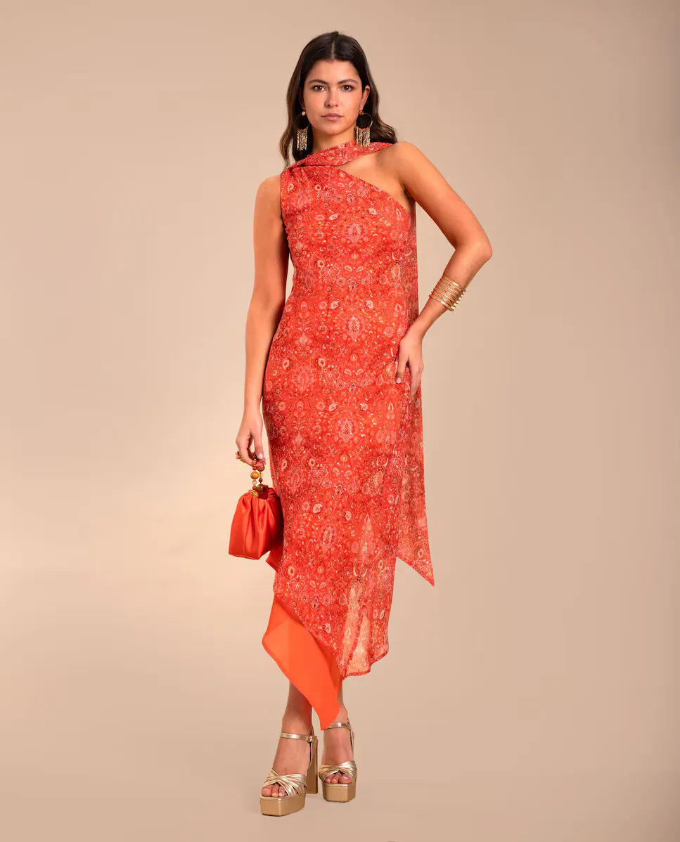 Ассиметричное платье миди с фуларом The-Are, оранжевый
Ассиметричное платье миди с фуларом The-Are, оранжевый