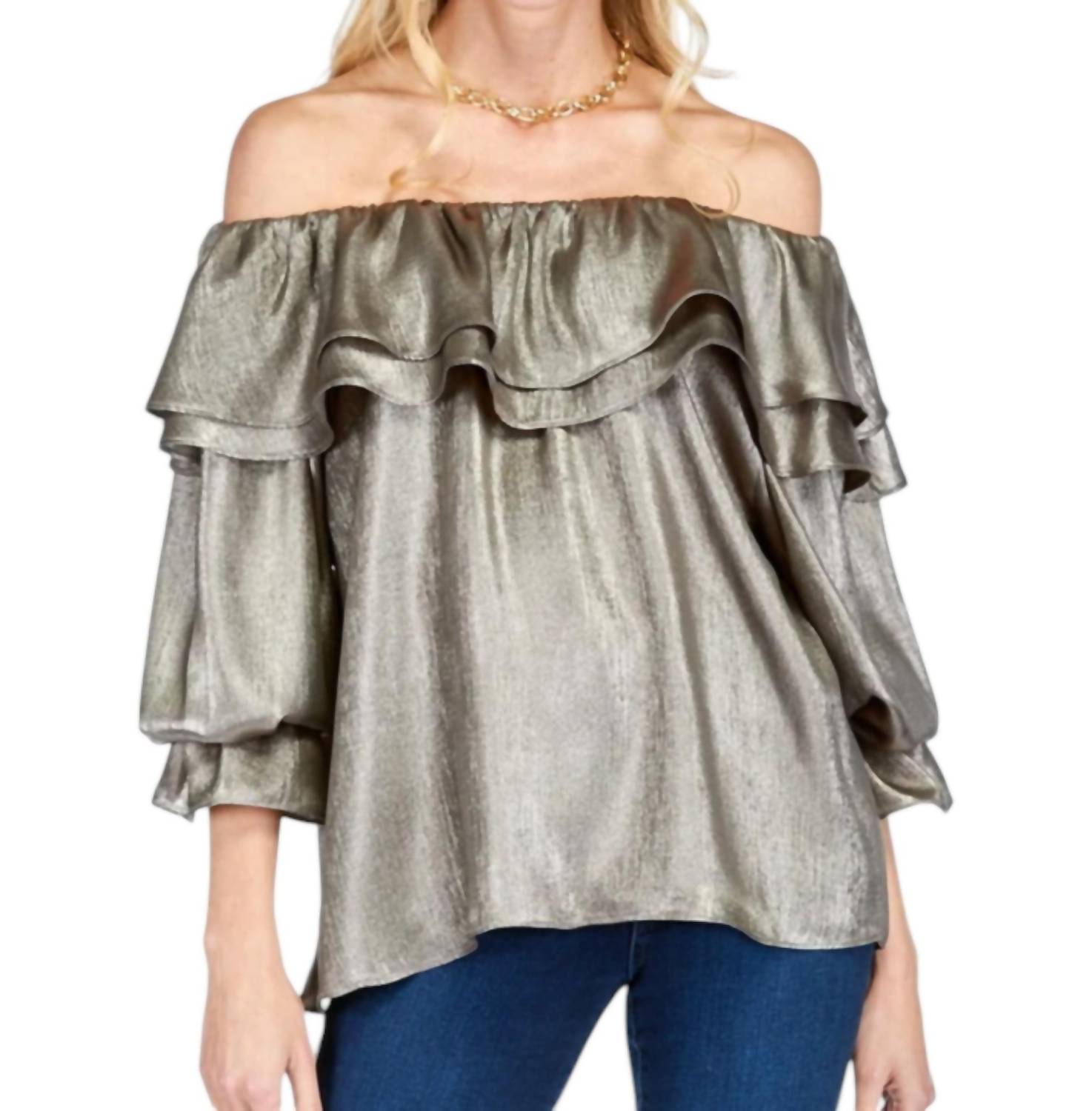Топ Ruffles с открытыми плечами в металлическом оттенке Joy Joy, Metal
Топ Ruffles с открытыми плечами в металлическом оттенке Joy Joy, Metal