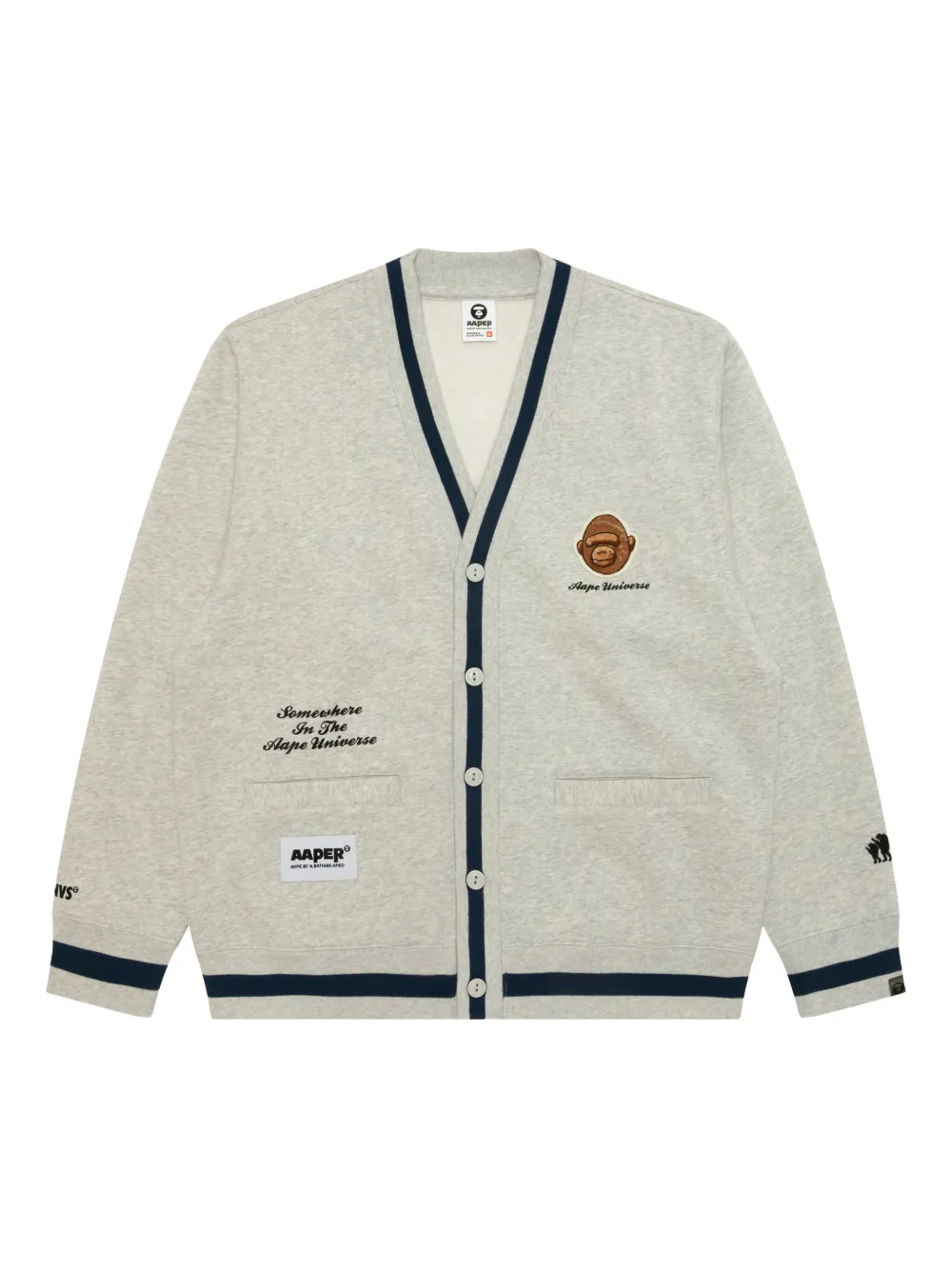 Кардиган на пуговицах с вышивкой в виде обезьяны AAPE BY *A BATHING APE, серый 
Кардиган на пуговицах с вышивкой в виде обезьяны AAPE BY *A BATHING APE, серый