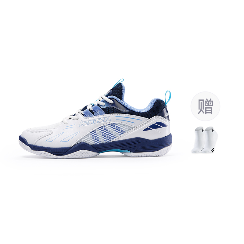 Kawasaki Бело-голубые унисекс бадминтонные кроссовки Ball Mania Series с амортизацией и износостойким покрытием низкие + спортивные носки, цвет White Blue+Sports Socks *1 
Kawasaki Бело-голубые унисекс бадминтонные кроссовки Ball Mania Series с амортизацией и износостойким покрытием низкие + спортивные носки, цвет White Blue+Sports Socks *1