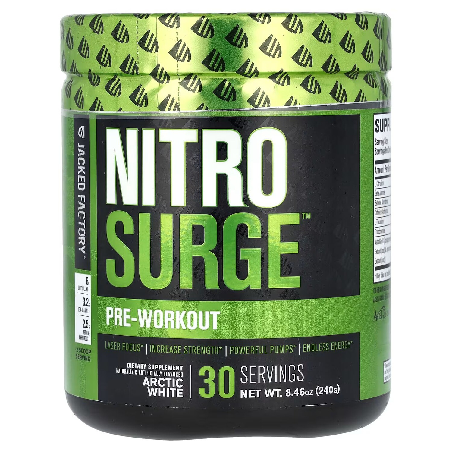 Nitro Surge, Предтренировочный комплекс, арктический белый цвет, 8,46 унции (240 г) Jacked Factory
Nitro Surge, Предтренировочный комплекс, арктический белый цвет, 8,46 унции (240 г) Jacked Factory