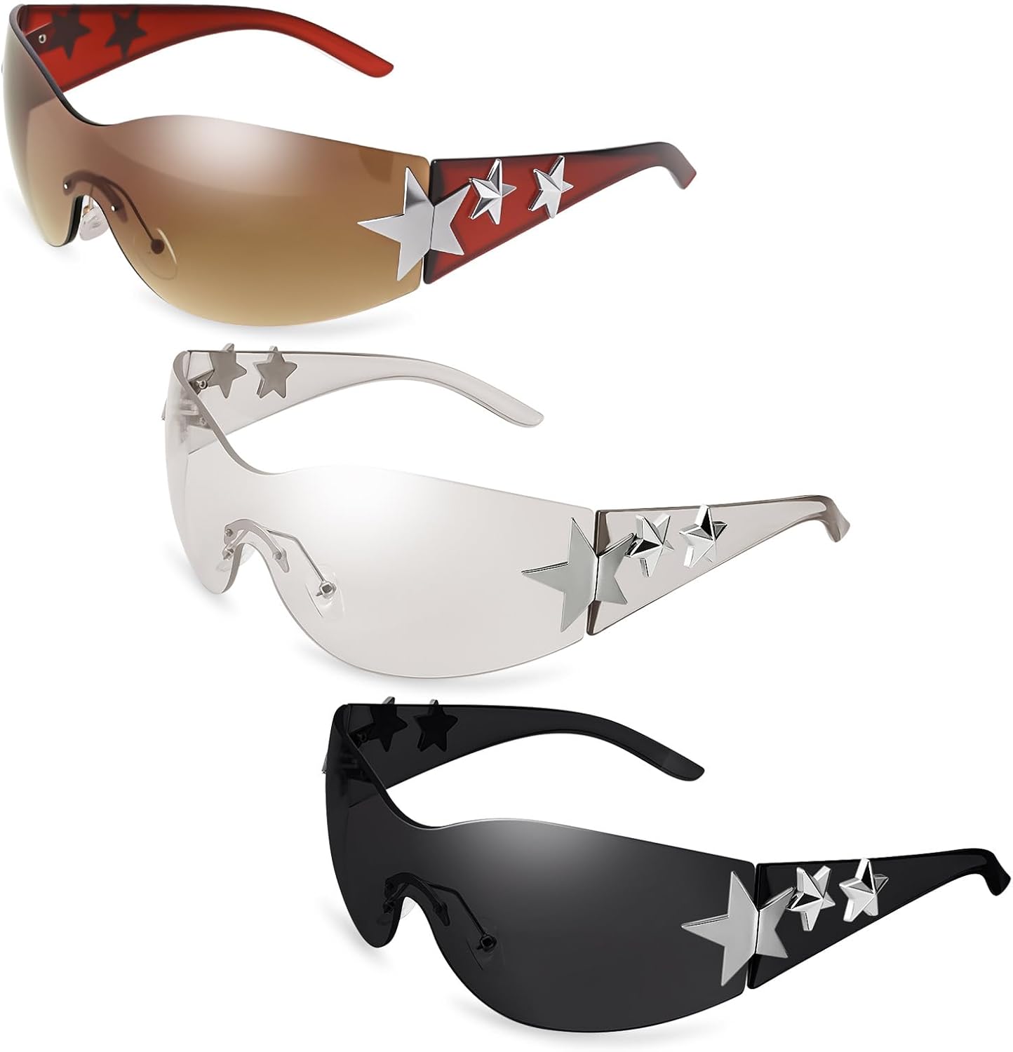 3 пары солнцезащитных очков Y2K для женщин и мужчин, модные солнцезащитные очки-щитки с обтекаемой формой, большие модные безрамочные очки Ovveroche, Brown,black, Silver
3 пары солнцезащитных очков Y2K для женщин и мужчин, модные солнцезащитные очки-щитки с обтекаемой формой, большие модные безрамочные очки Ovveroche, Brown,black, Silver