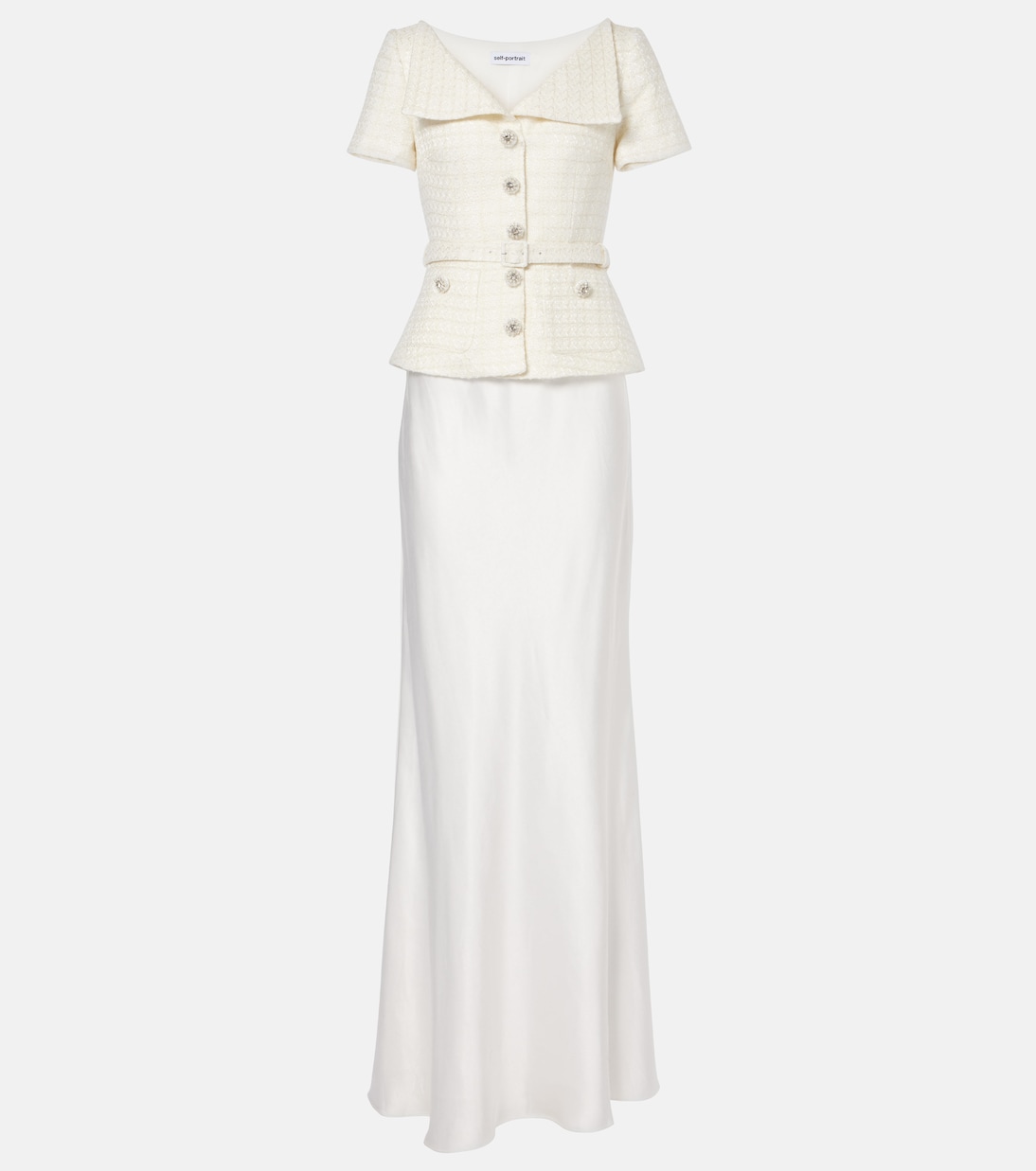Свадебное макси-платье из сатина и букле с пеплумом Self-Portrait, кремовый
Свадебное макси-платье из сатина и букле с пеплумом Self-Portrait, кремовый