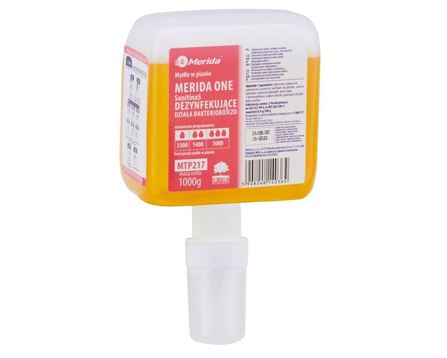 Merida MTP217 ONE SANITNAS DISINFECTING одноразовый картридж для пенящегося мыла с пенообразующим насосом для автоматических дозаторов, 1000 г, аромат грейпфрута
Merida MTP217 ONE SANITNAS DISINFECTING одноразовый картридж для пенящегося мыла с пенообразующим насосом для автоматических дозаторов, 1000 г, аромат грейпфрута