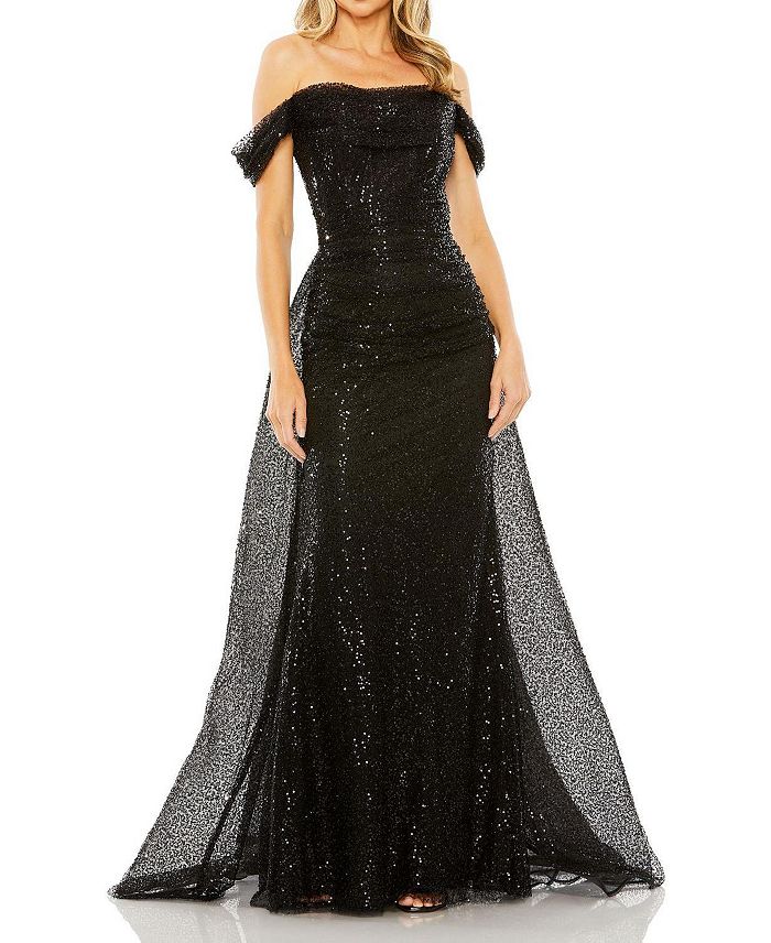 Платье с открытыми плечами и пайетками на шлейфе Mac Duggal, черный 
Платье с открытыми плечами и пайетками на шлейфе Mac Duggal, черный
