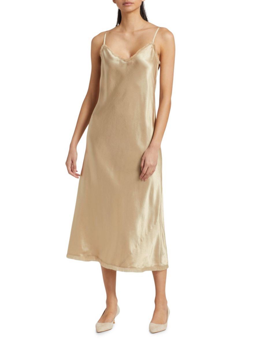 Платье-комбинация миди из атласа с бахромой Vince, бежевый
Платье-комбинация миди из атласа с бахромой Vince, бежевый