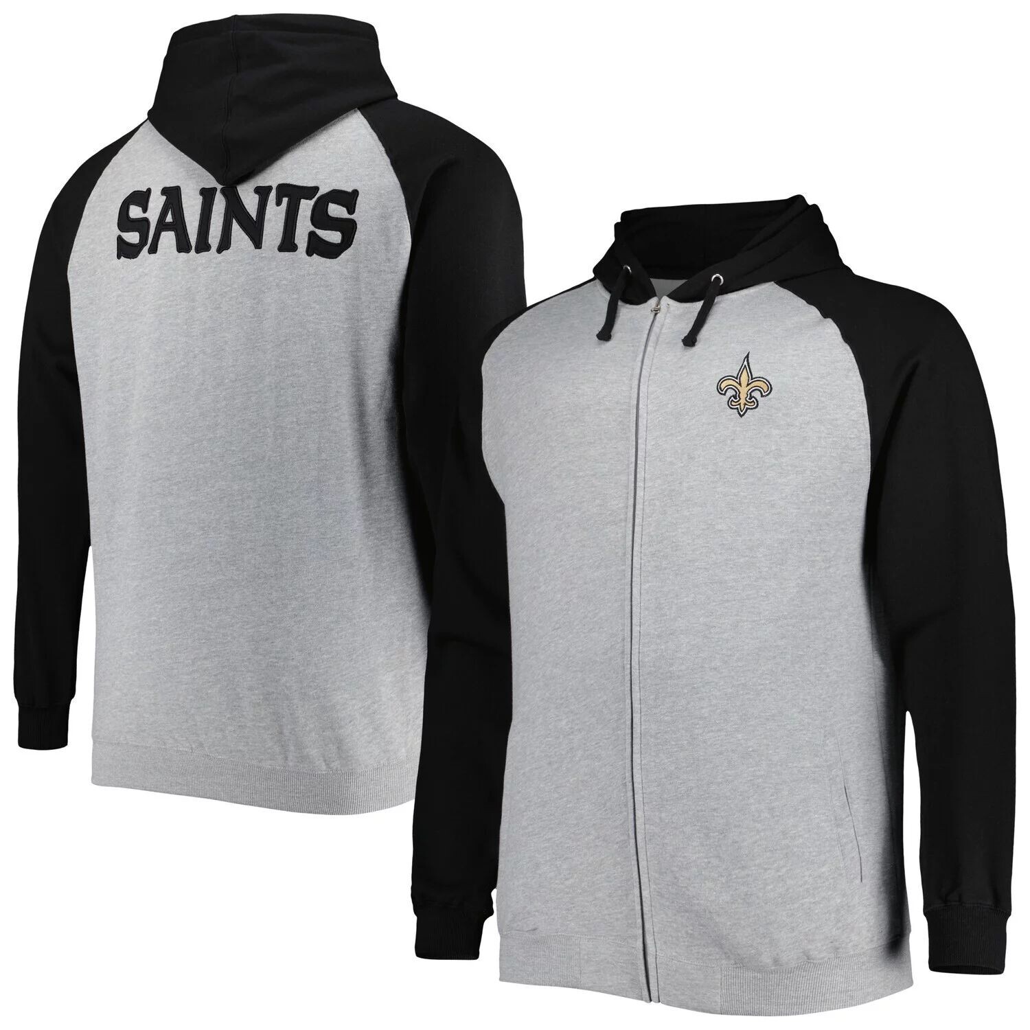 Мужская куртка с капюшоном Fanatics из флиса серого цвета Хизер New Orleans Saints Big & Tall с молнией во всю длину и регланом, Серый, Мужская куртка с капюшоном Fanatics из флиса серого цвета Хизер New Orleans Saints Big & Tall с молнией во всю длину и