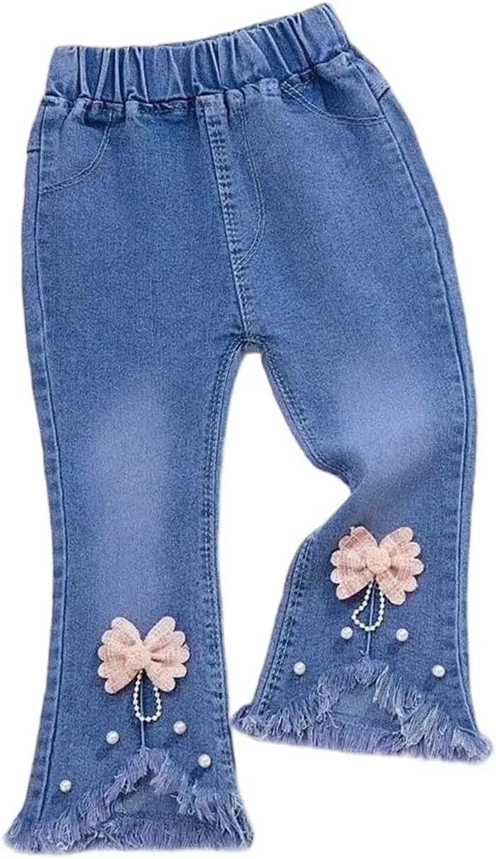 Джинсы-клеш для девочек с эластичным поясом и бантом
Джинсы-клеш для девочек с эластичным поясом и бантом