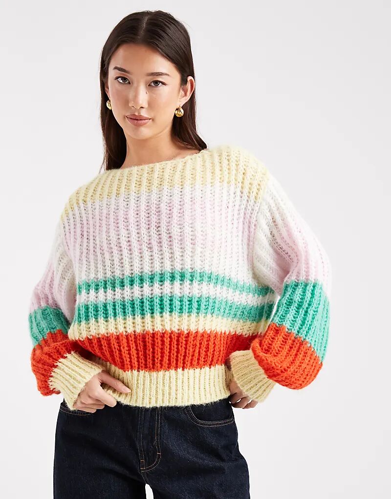 Вязаный джемпер в ретро-полоску из разноцветной пряжи
Вязаный джемпер в ретро-полоску из разноцветной пряжи