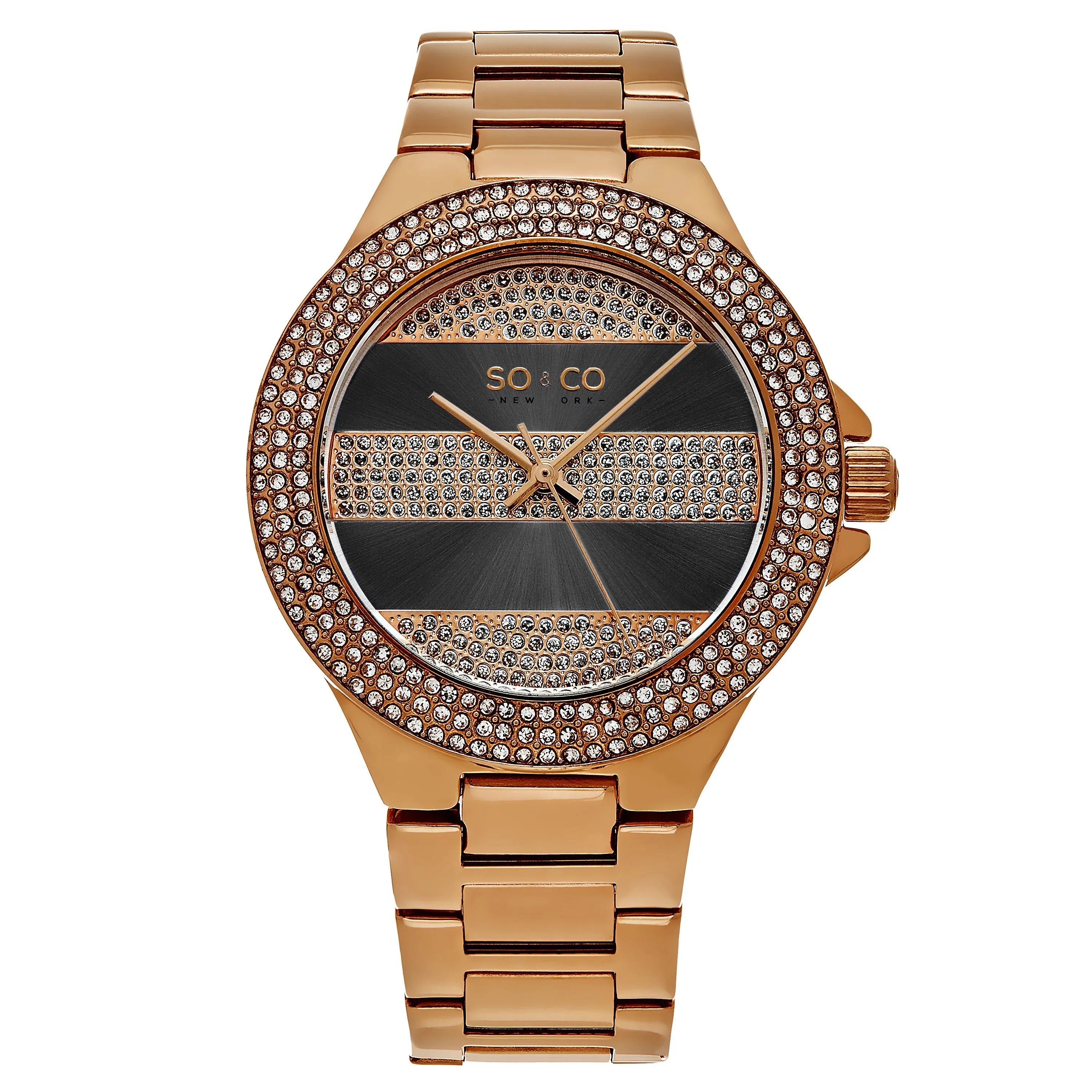 Изысканные кварцевые часы с кристаллами и подкладкой, браслет с звеньями — модель 5242 SO&CO, розовое золото 
Изысканные кварцевые часы с кристаллами и подкладкой, браслет с звеньями — модель 5242 SO&CO, розовое золото