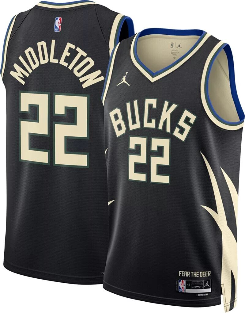 Jordan Мужская черная майка Nike Milwaukee Bucks Khris Middleton #22 Dri-FIT Swingman
Jordan Мужская черная майка Nike Milwaukee Bucks Khris Middleton #22 Dri-FIT Swingman