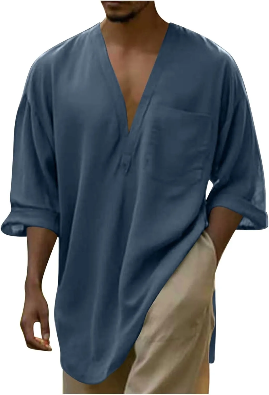 Льняная рубашка для мужчин 3/4 рукава, V-образный вырез, свободный крой
Льняная рубашка для мужчин 3/4 рукава, V-образный вырез, свободный крой